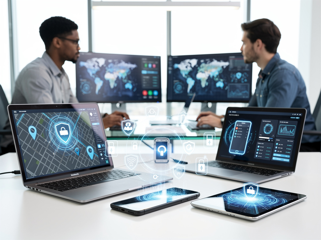 Equipo de ciberseguridad monitoreando protección de datos en portátiles, móviles y tablet con mapas digitales y candados virtuales