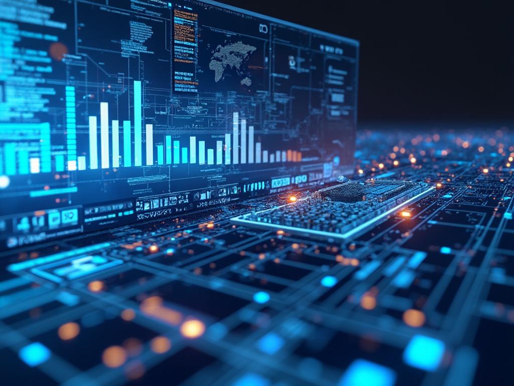 Visualización de datos con gráficos de barras, luces brillantes y circuitos, destacando tecnología avanzada.