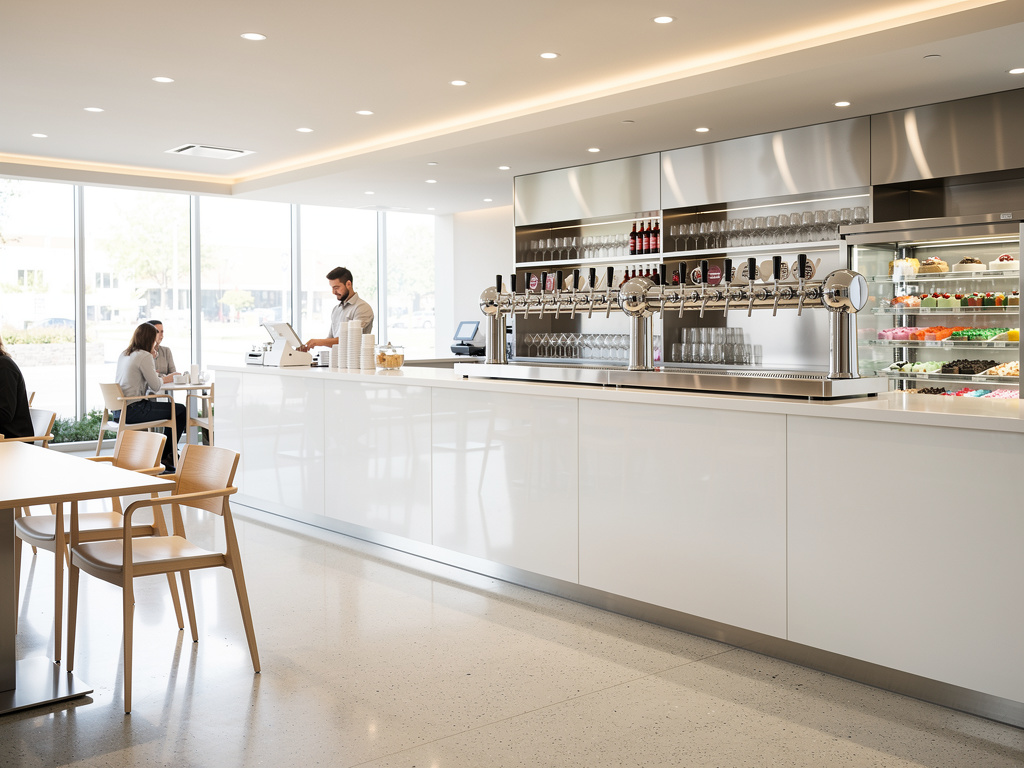 Interior de cafetería moderna con barra blanca, grifos de cerveza, vitrina de postres y clientes sentados