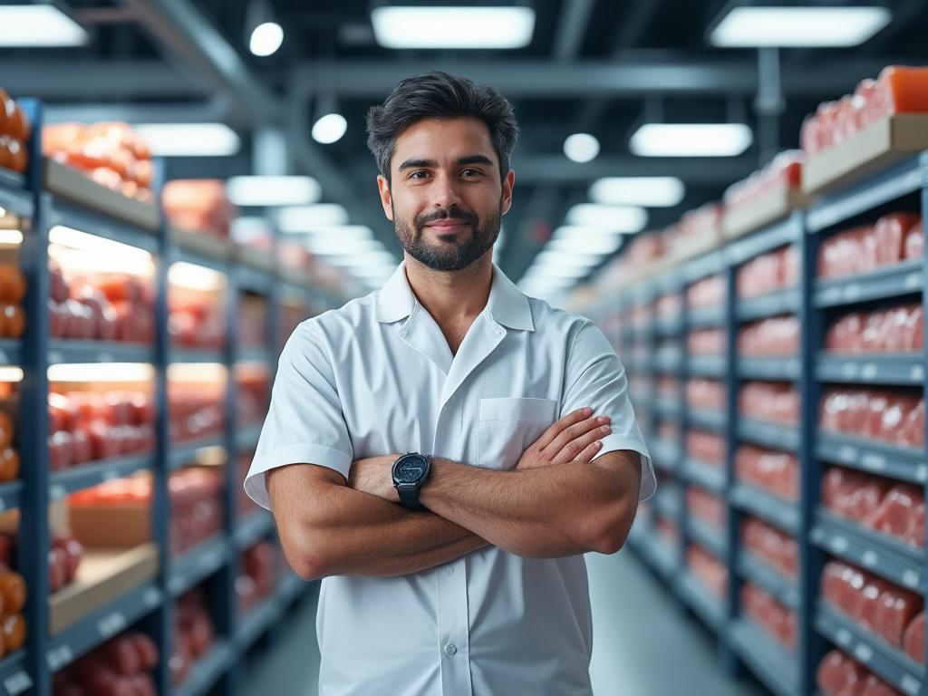 Confident male worker in a white lab coat standing with crossed arms in a warehouse aisle with shelves filled with orange products.