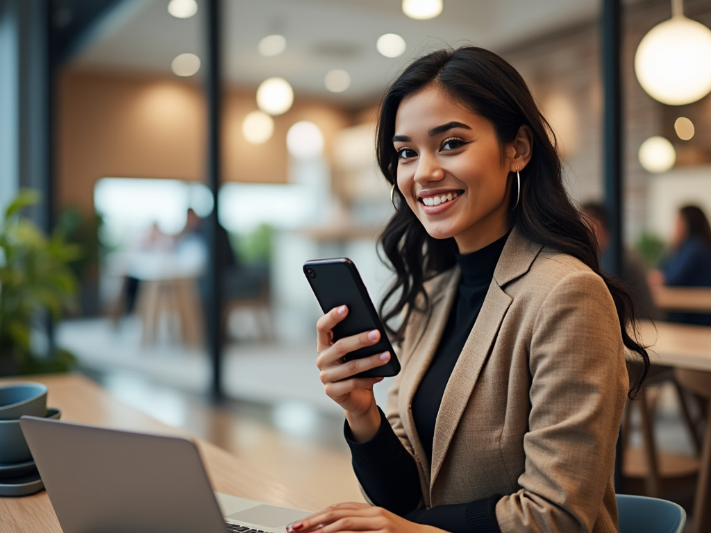 Smiling woman in a blazer holding a smartphone, sitting at a desk with a laptop in a modern office environment.