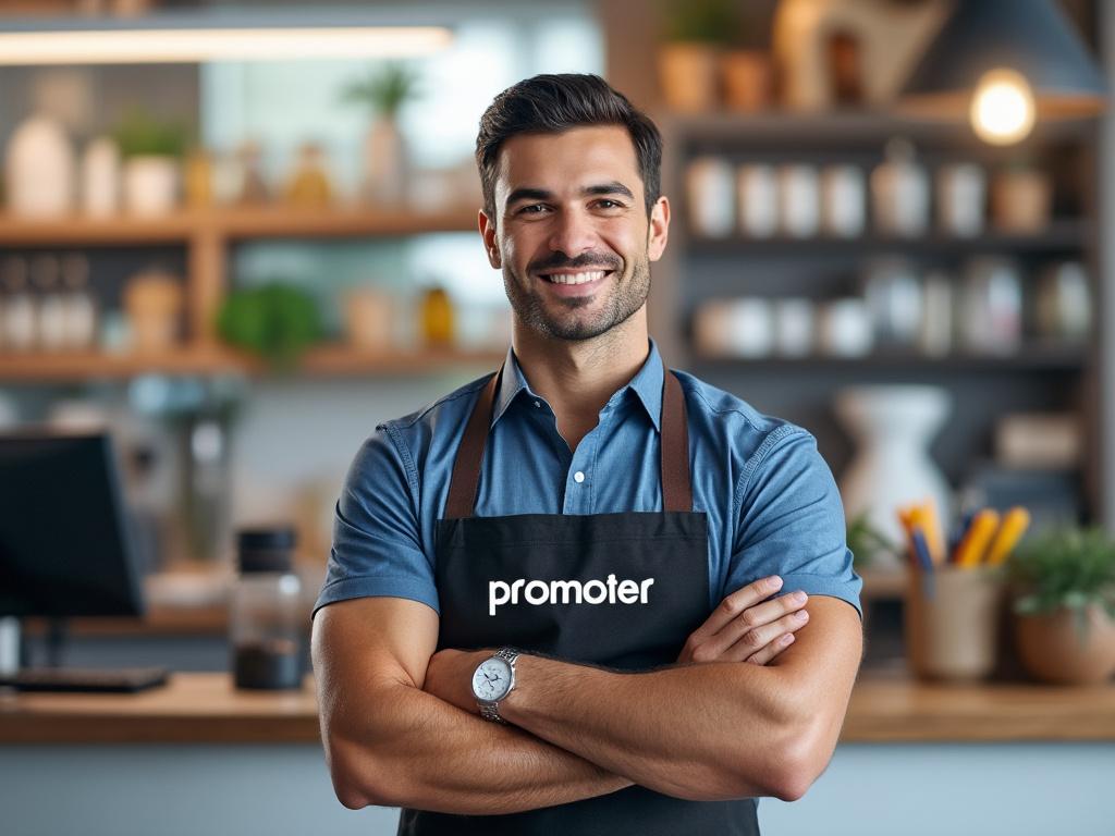 Hombre sonriente con delantal de barista en una cafetería moderna.