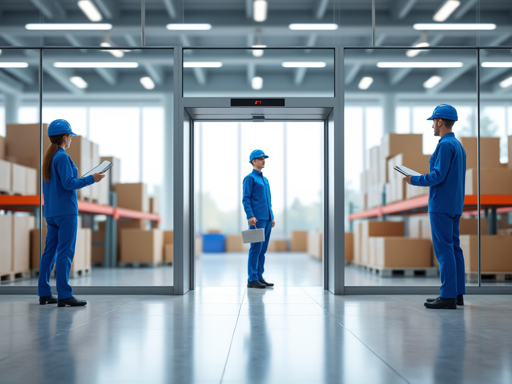 Trabajadores con uniforme azul y cascos en un moderno almacén, rodeados de cajas de cartón y estanterías.