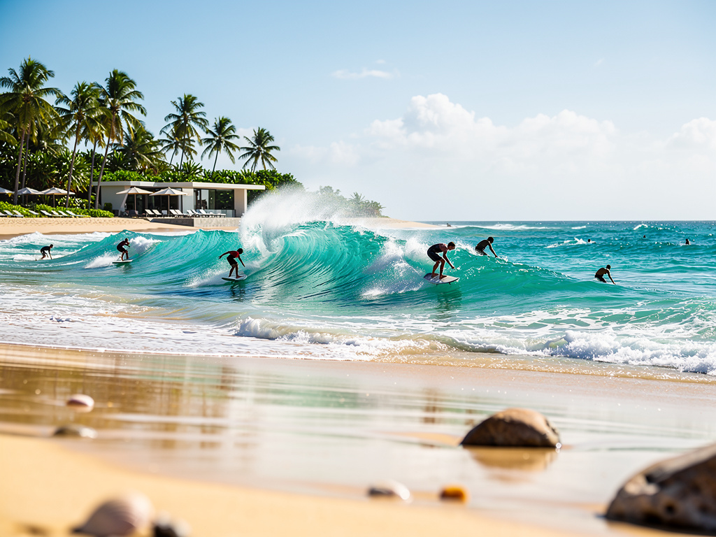 Surfistas montando olas turquesas en playa tropical con palmeras y resort frente al mar Surfistas montando olas turquesas en playa tropical con palmeras y resort frente al mar