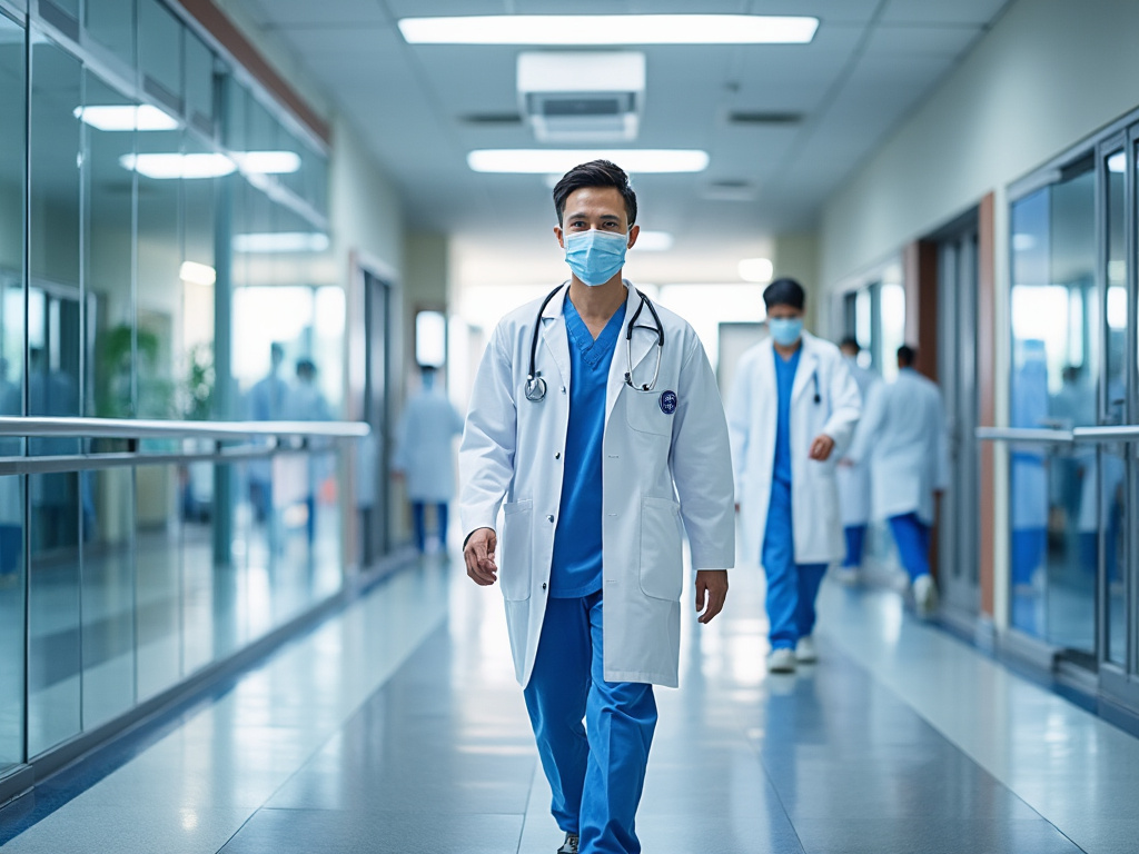 Médico con bata blanca y mascarilla caminando por un pasillo iluminado de un hospital.