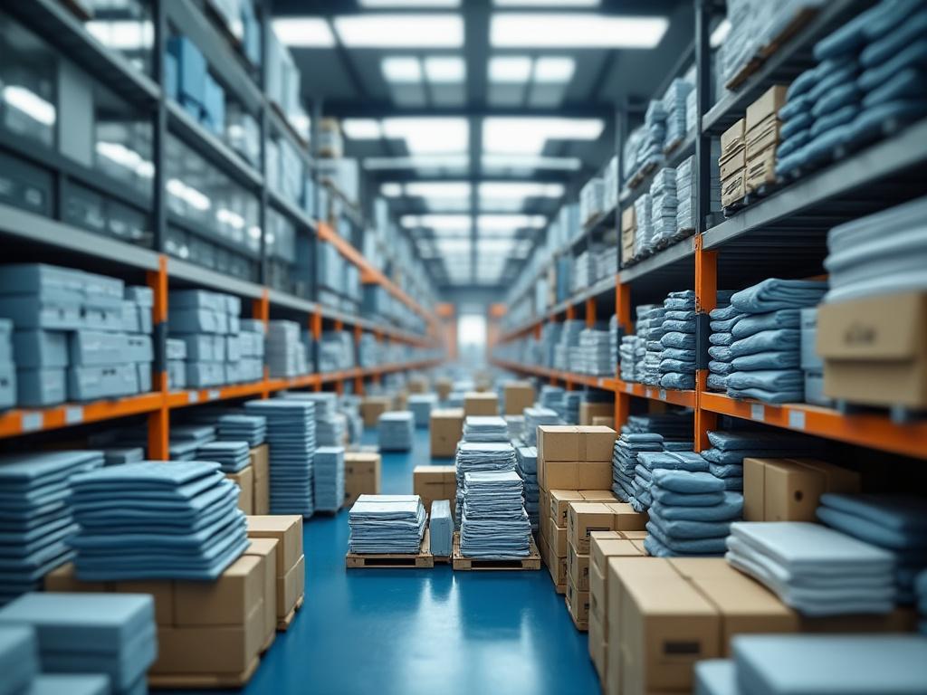 Almacén de ropa con estantes llenos de cajas y paquetes de textiles organizados.