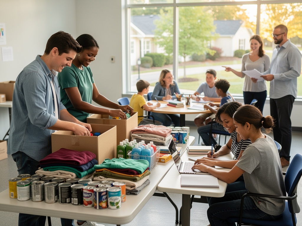 Volunteers organizing food, clothing, and hygiene donations at a community center with students and staff working together
