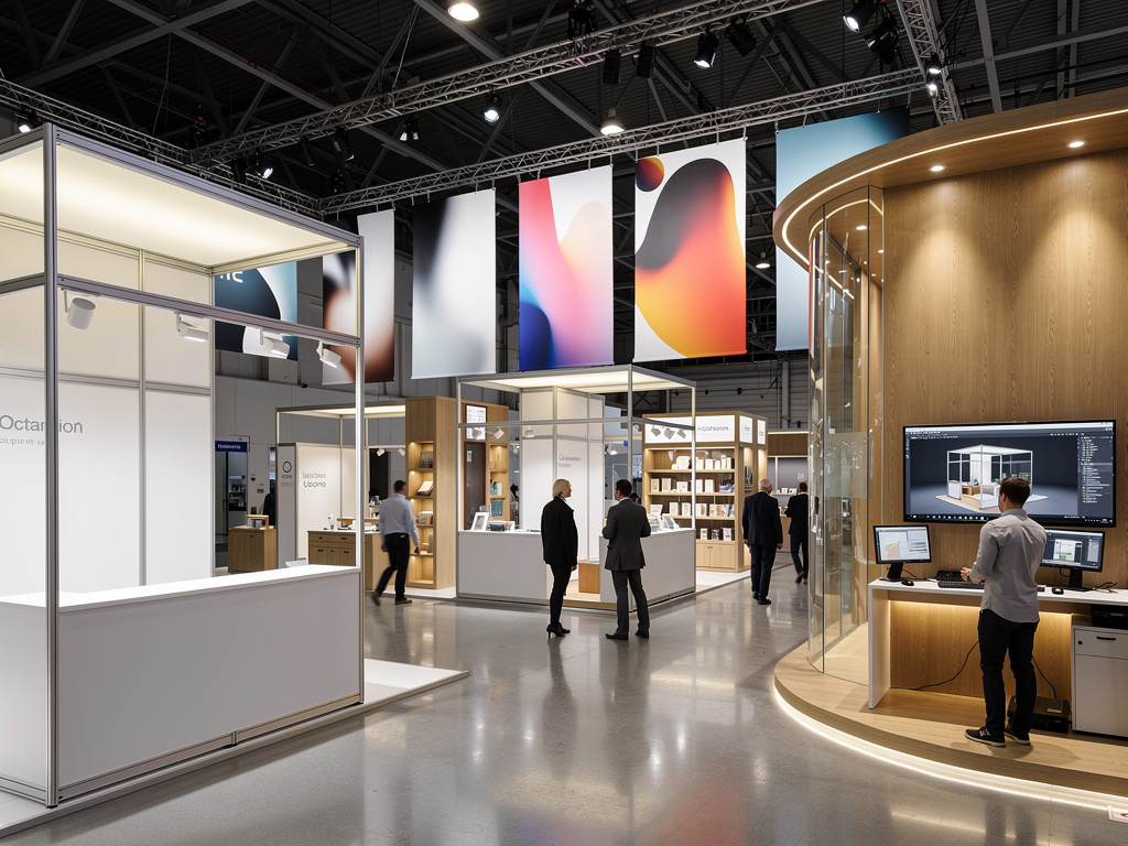 Stand de feria moderno con exhibidores, pantallas digitales y visitantes en un centro de exposiciones