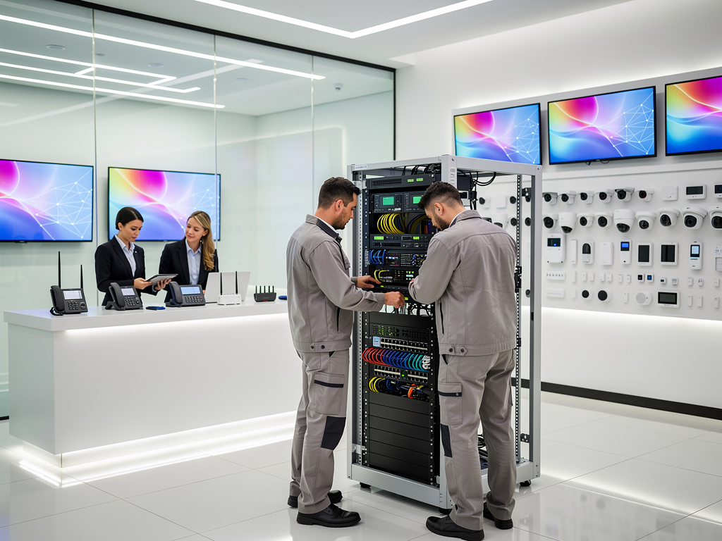 Técnicos instalando rack de servidores y sistemas de seguridad en sala tecnológica moderna