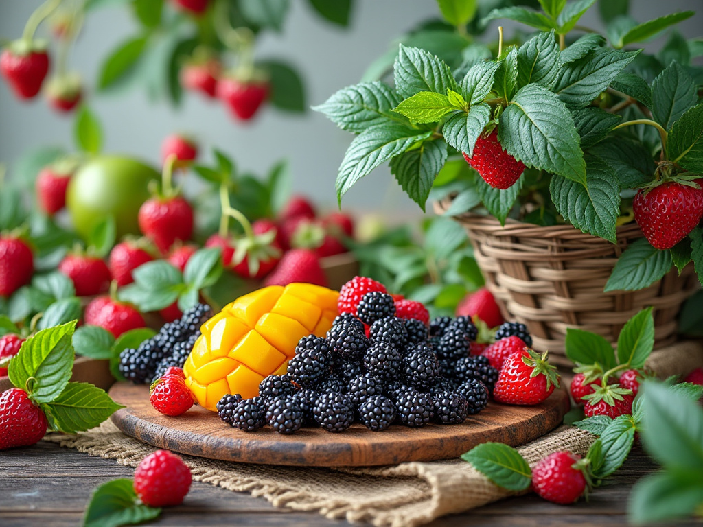 Bodegón de frutas con fresas, moras y mango sobre una tabla de madera, rodeado de hojas verdes.