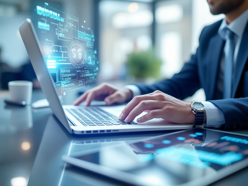 Business professional working on a laptop with futuristic digital interface holograms.