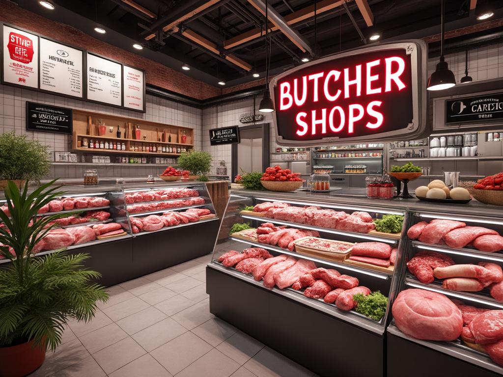 Interior de carnicería moderna con vitrinas repletas de carne fresca, letrero brillante que dice 'Butcher Shops', plantas decorativas y estanterías con productos en el fondo.