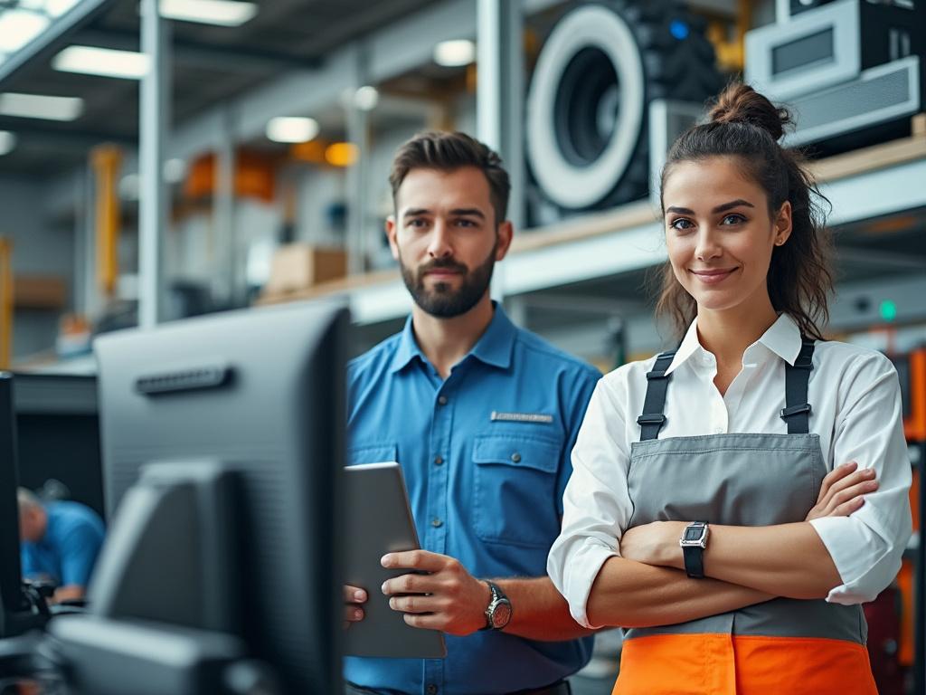 Dos personas en uniforme de trabajo en un ambiente industrial moderno, con computadoras y maquinaria de fondo.