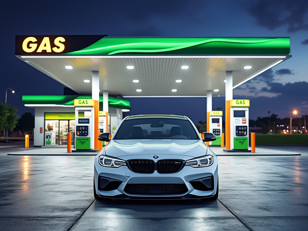 Coche deportivo blanco en estación de servicio de gasolina iluminada por la noche
