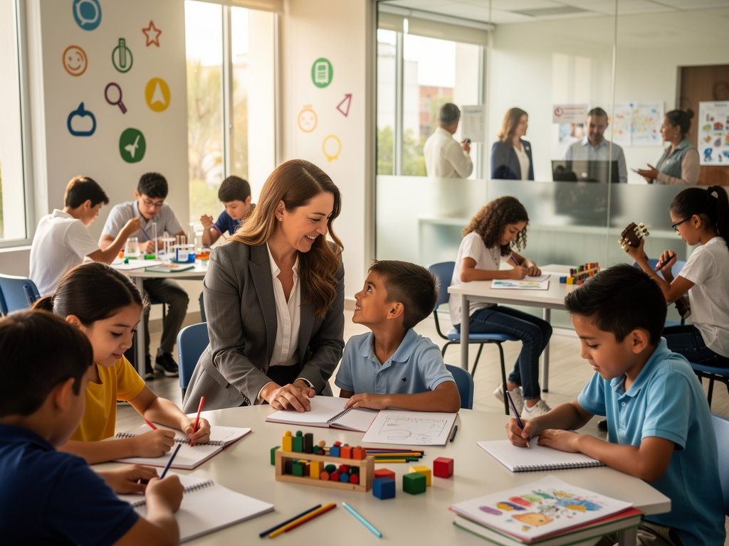 Maestra sonriente ayudando a niños en aula moderna con actividades educativas, cuadernos, lápices y material didáctico