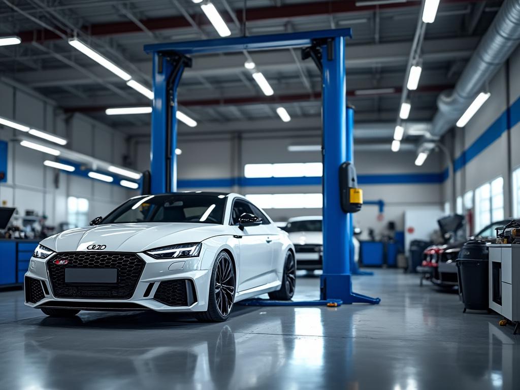 Automóvil deportivo blanco en taller mecánico con elevador hidráulico y herramientas en el fondo.