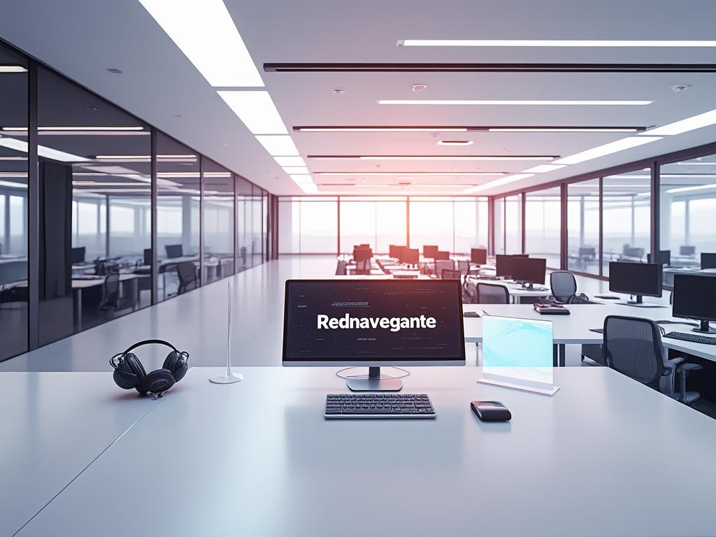 Oficina moderna con escritorios en fila, computadora con pantalla que dice 'Rednavegante', auriculares y luz natural entrando por las ventanas.