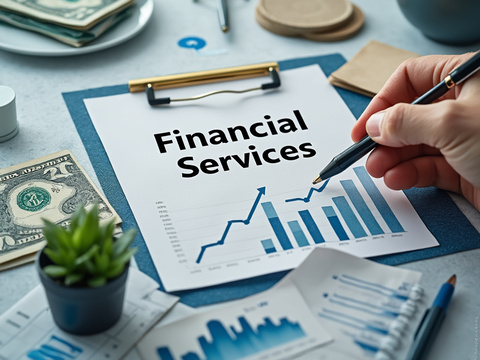Financial services report with growth charts, pen in hand, dollar bill, and business documents on office desk