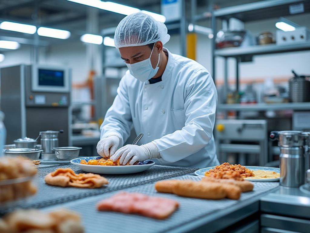Chef profesional en cocina industrial, vistiendo uniforme blanco y mascarilla, preparando un plato de comida en una encimera.