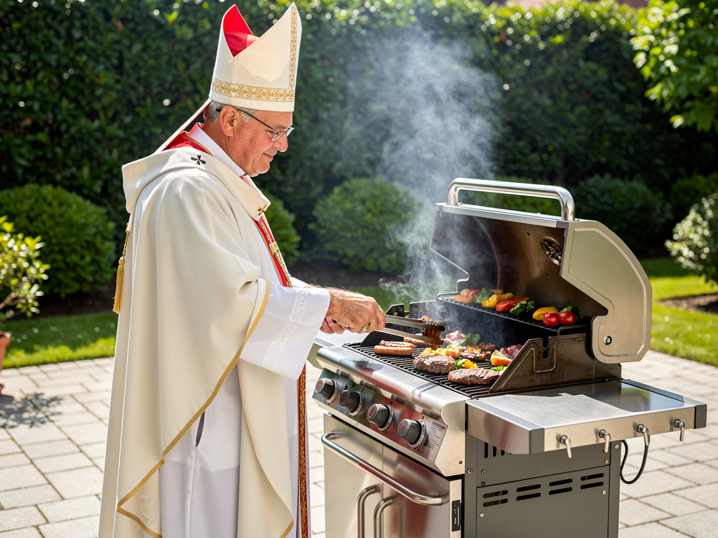 Obispo con vestimenta religiosa cocinando carne y verduras en una barbacoa de gas en un jardín