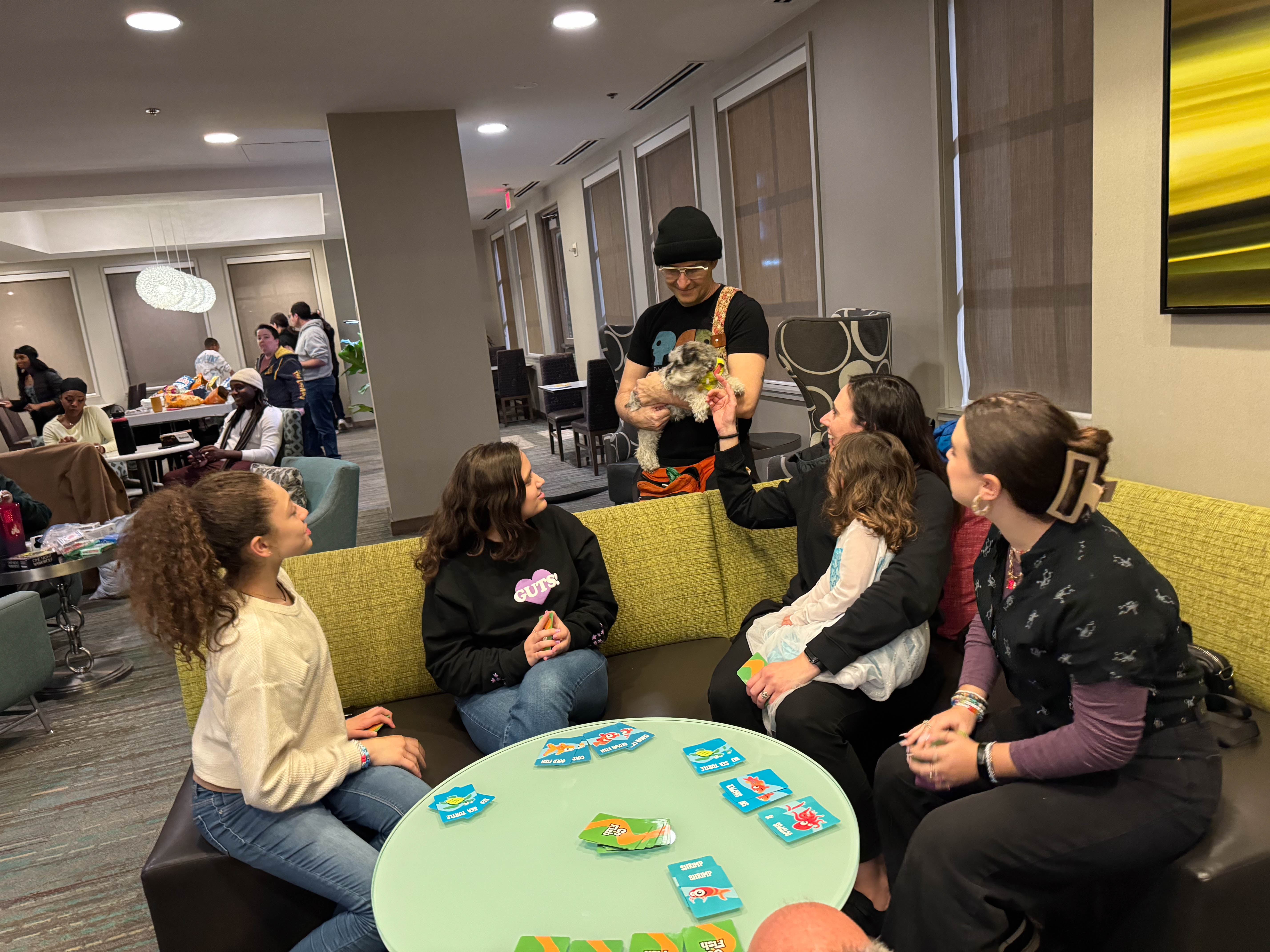 Some teenagers hang out at the mall.  We hang out in random hotel lobbies.