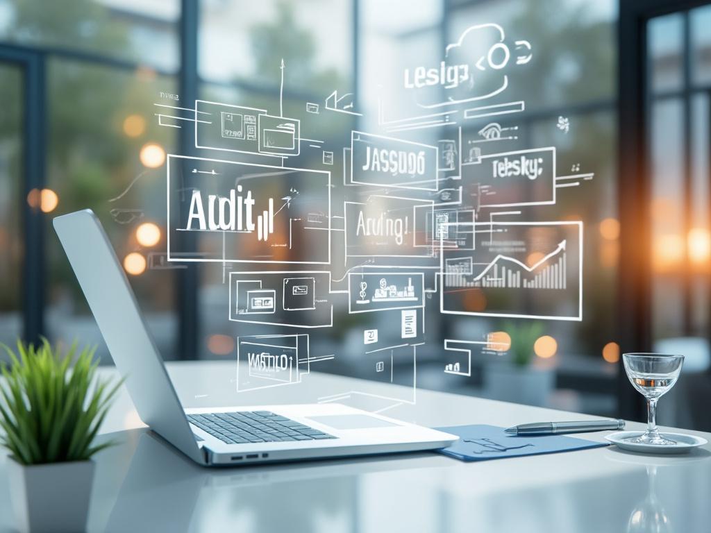 Portátil en un escritorio moderno con gráficos flotantes de auditoría y análisis de datos, planta y copa de vino al fondo.