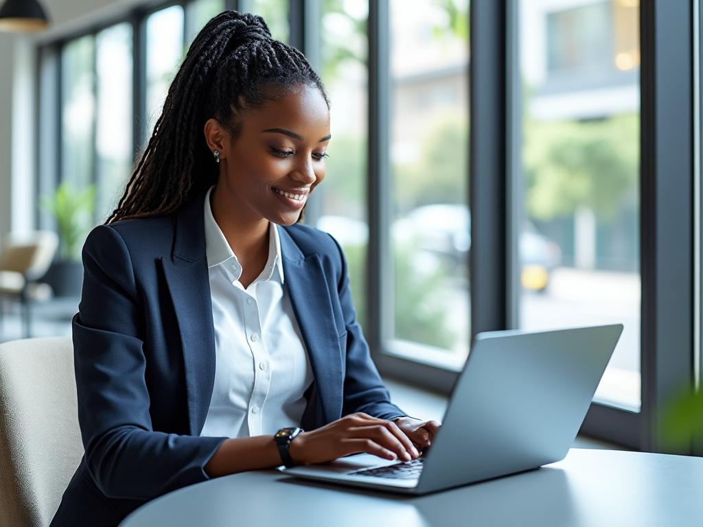 Businesswoman in a suit working on a laptop in a bright office setting with large windows.