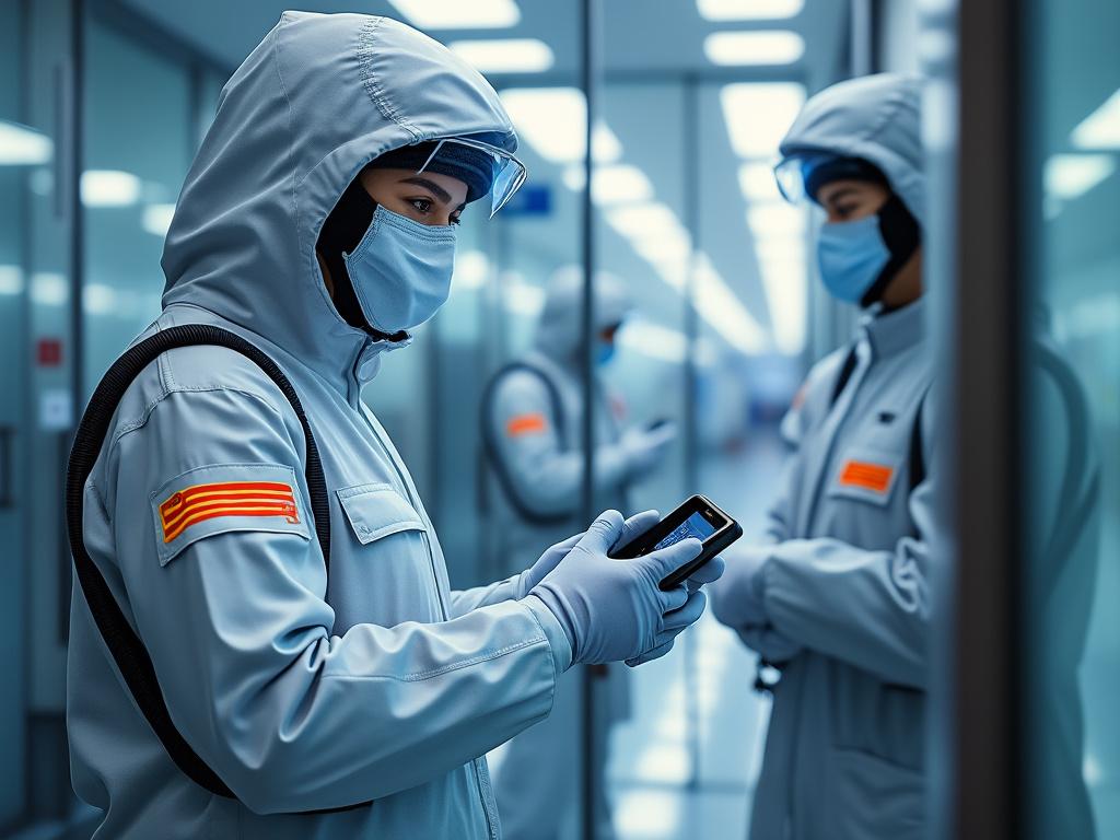 Personas en trajes de protección en un laboratorio, usando equipos electrónicos.