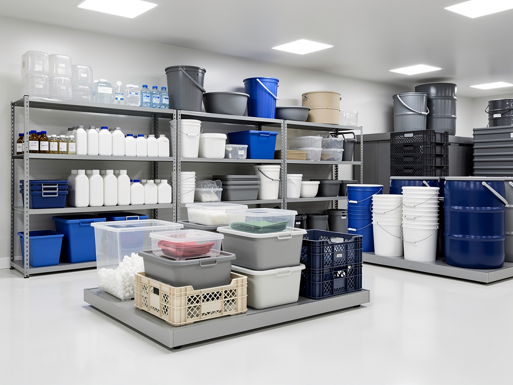 Almacén limpio con estanterías metálicas, cubos, bidones y contenedores de plástico organizados