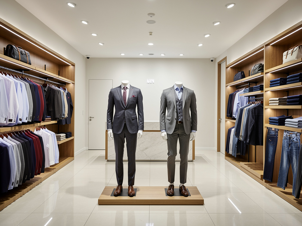 Tienda de moda masculina elegante con maniquíes en traje, camisas, pantalones y estanterías de ropa formal