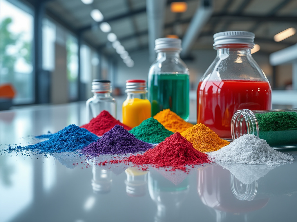Frascos de laboratorio con líquidos de colores y montículos de polvo colorido sobre una mesa blanca en un entorno industrial. Frascos de laboratorio con líquidos de colores y montículos de polvo colorido sobre una mesa blanca en un entorno industrial.