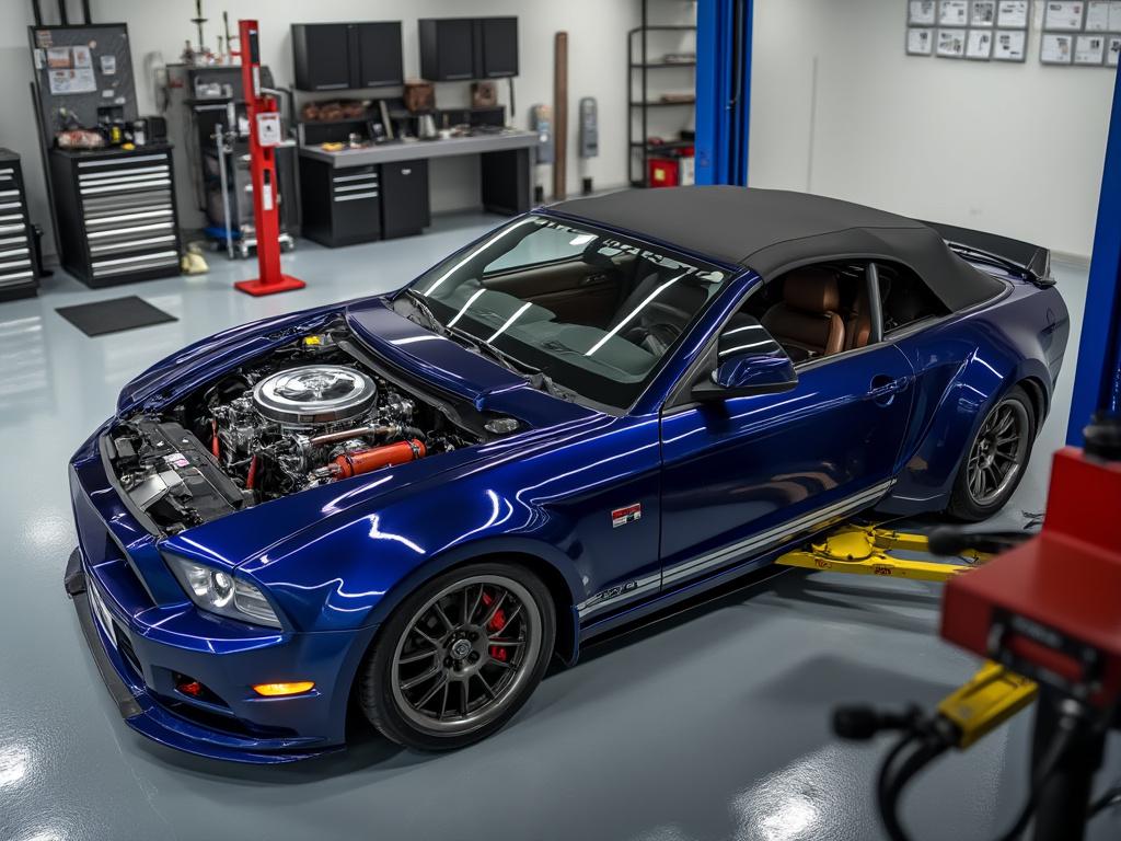 Blue convertible sports car with open hood displaying engine, parked indoors in a well-equipped garage.