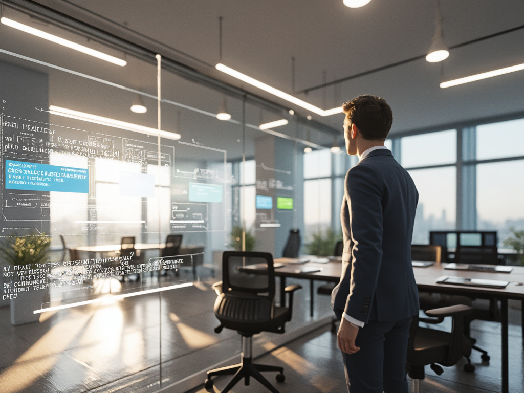 Businessman in modern office looking at digital data on glass wall, futuristic workspace with city view.
