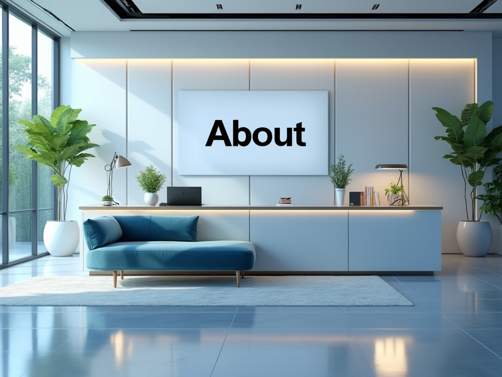 Sala de espera moderna con sofá azul, plantas y pantalla que muestra la palabra 'About'. Sala de espera moderna con sofá azul, plantas y pantalla que muestra la palabra 'About'.