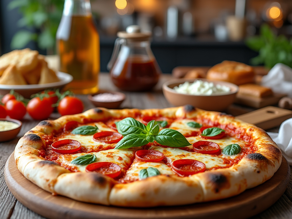Pizza de pepperoni con albahaca fresca sobre tabla de madera, rodeada de ingredientes y bebidas en un ambiente cálido y acogedor.