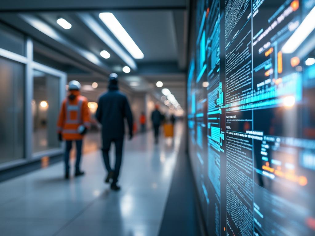 Pantalla digital con código en un pasillo moderno, personas caminando al fondo.