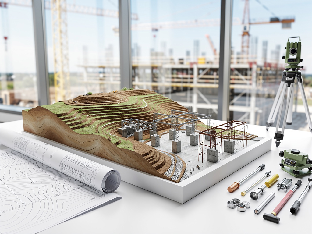 Maqueta topográfica de obra en construcción con planos, estación total y herramientas de ingeniería civil