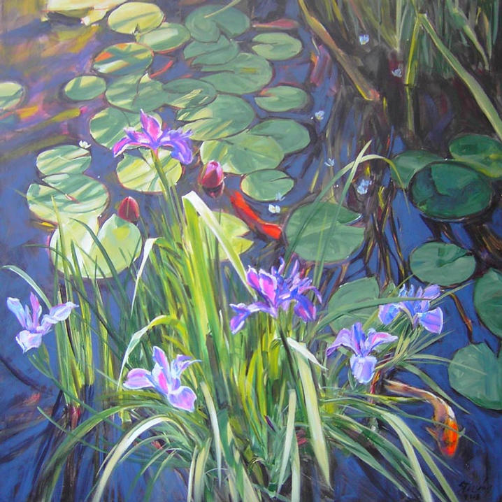 Koi Pond with Iris   36x36 Sold
