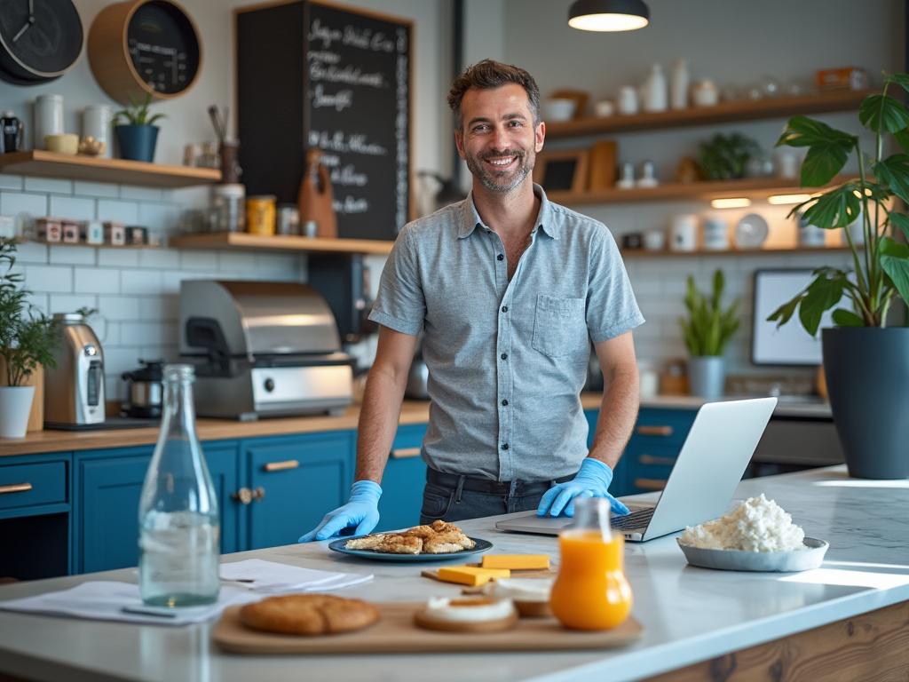 Hombre sonriente en una cocina moderna con guantes azules, laptop y comida sobre la mesa.