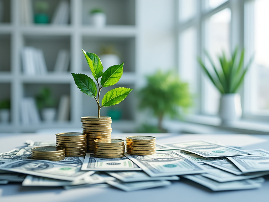 Montones de monedas con un brote verde sobre billetes de dólar en un ambiente de oficina luminosa, simbolizando crecimiento financiero.