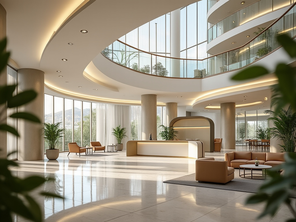 Lobby moderno y elegante con muebles de cuero marrón, iluminación suave, grandes ventanales y plantas decorativas.