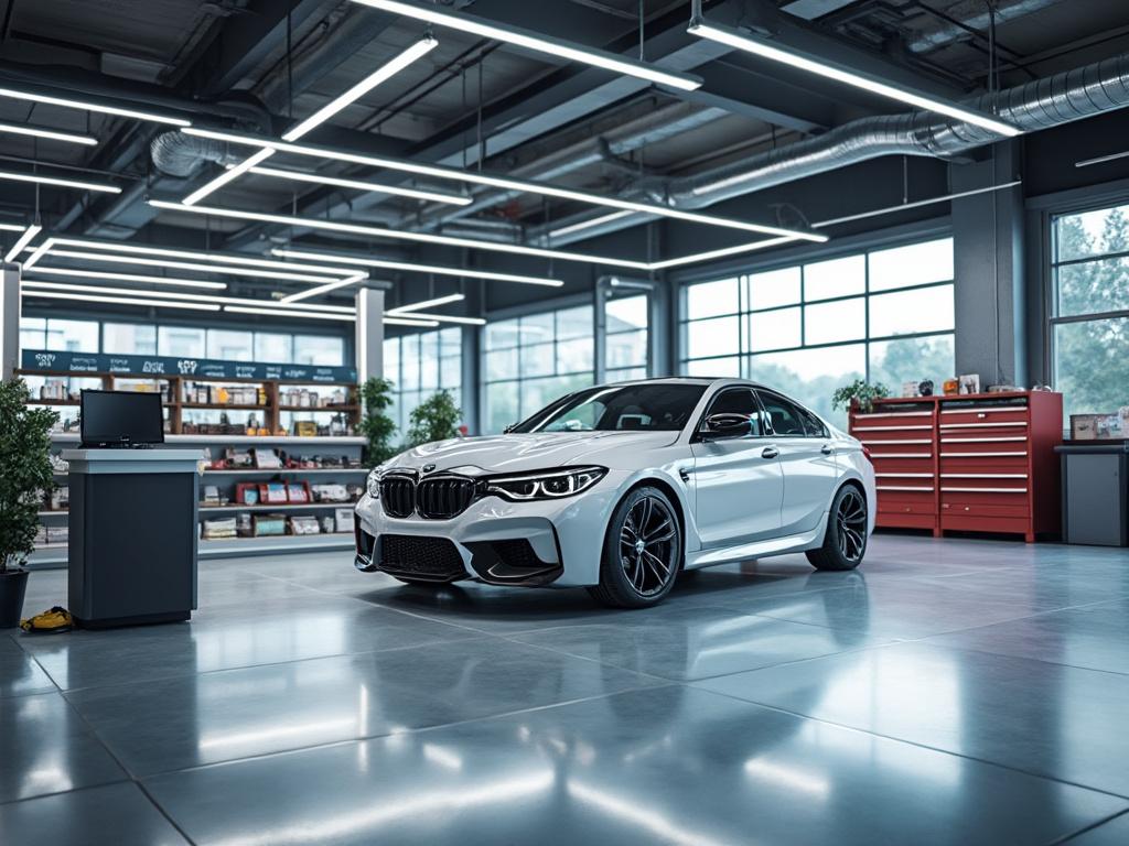 Coche deportivo blanco en un taller moderno con herramientas y estanterías de fondo.