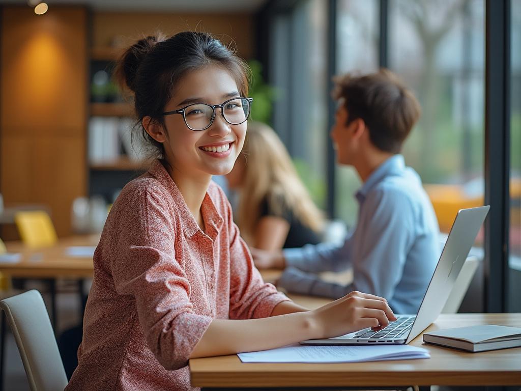 Smiling person working on a laptop in a cozy cafe with natural lighting. Smiling person working on a laptop in a cozy cafe with natural lighting.