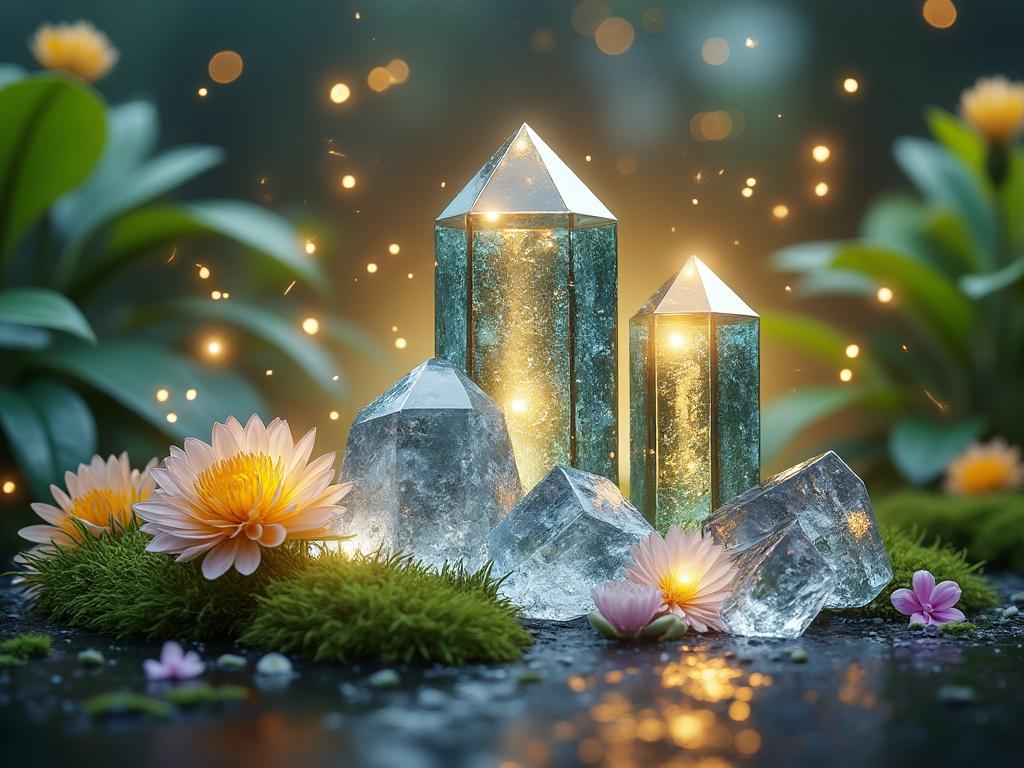 Enchanting image of glowing crystals and vibrant flowers surrounded by lush greenery and gentle bokeh lights.