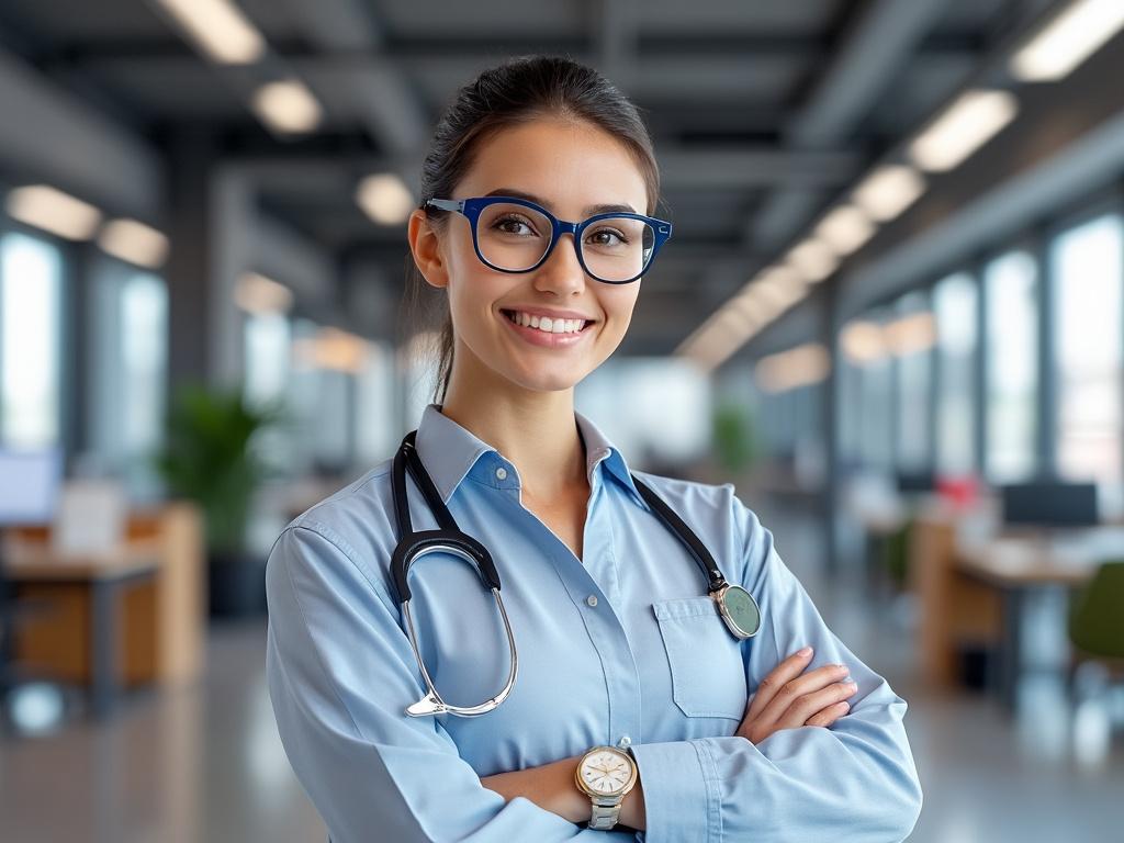Doctora con gafas y estetoscopio en oficina moderna, sonriendo confiadamente.