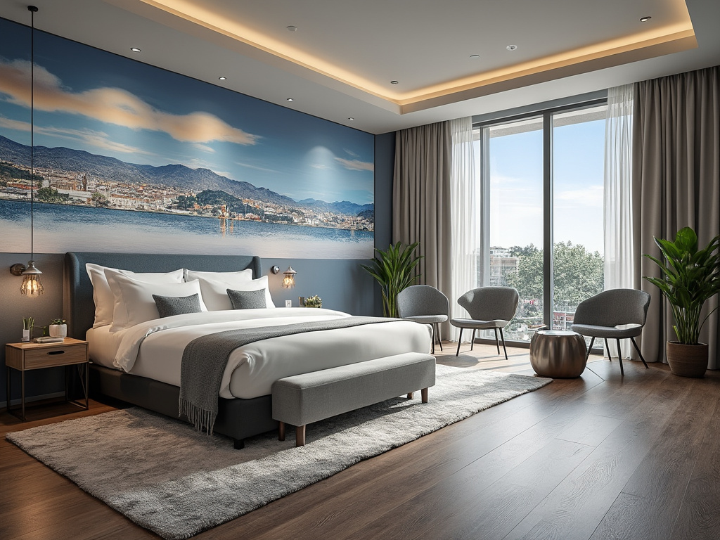 Moderna habitación de hotel con cama grande, mural de paisaje en la pared, sillas grises, mesa metálica y ventanales con cortinas.