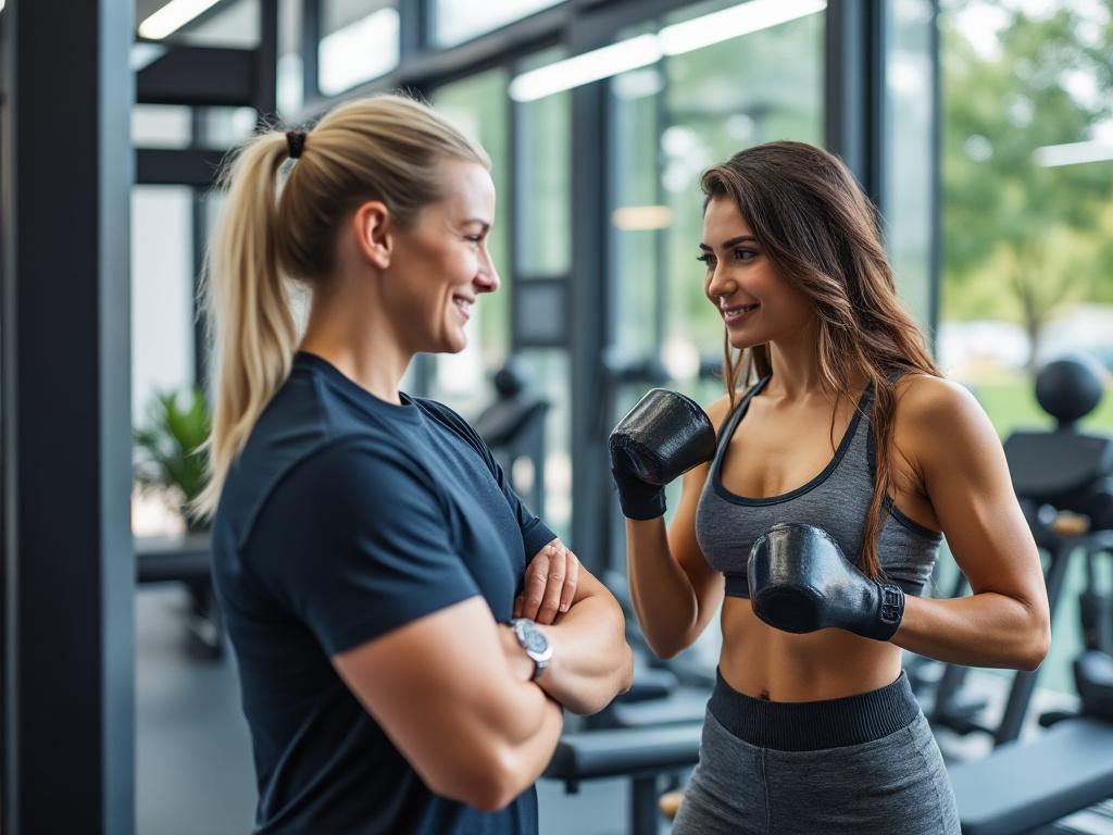 Two women in workout attire smiling at each other in a gym, one wearing boxing gloves.
