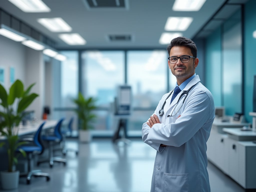 Médico con bata blanca y estetoscopio en una moderna sala de consultas médicas.