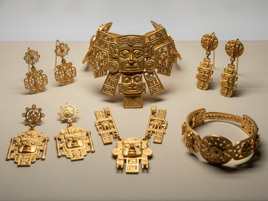 Colección de joyas doradas prehispánicas con pendientes, colgantes, brazalete y tocado ceremonial de diseño ancestral