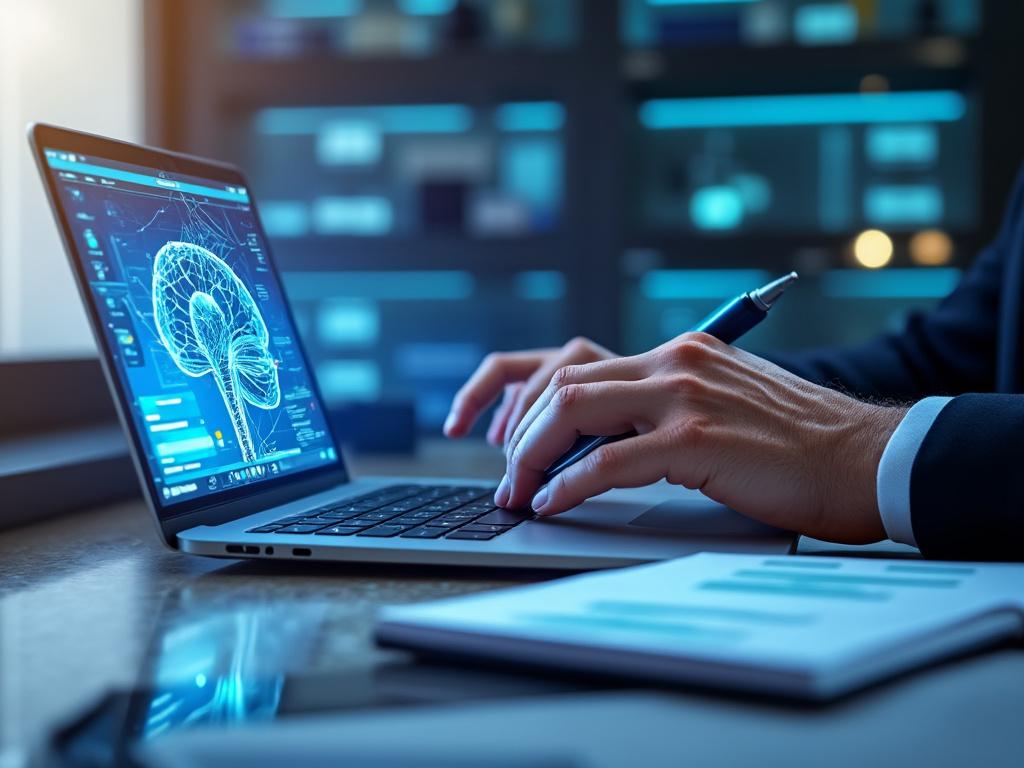 Manos escribiendo en un portátil con imagen de cerebro digital en pantalla, concepto de tecnología y neurociencia.